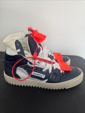 Off-White  Black & White High-Top Sneakers with Neon Red Tag